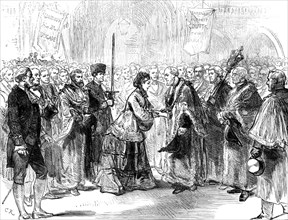 Lady Burdett-Coutts delivering Columbia Market to the Lord Mayor, 1871. Creator: Unknown.