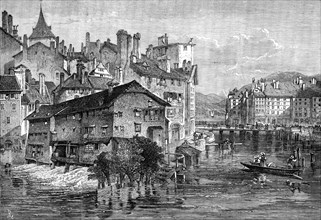 Old tanneries on the Rhone, Geneva, 1871. Creator: Unknown.