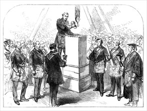 Lord Leigh laying the foundation-stone for the extension of the Queen's Hospital at Birmingham, 1871 Creator: Unknown.