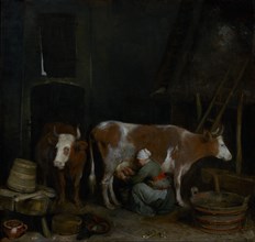 A Maid Milking a Cow in a Barn, about 1652-1654. Creator: Gerard Terborch II.