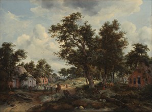 A Wooded Landscape with Travellers on a Path through a Hamlet, about 1665. Creators: Meindert Hobbema, Abraham Storck.