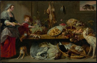 Larder Still Life with Housekeeper and Young Boy, 1636-1638.  Creators: Frans Snyders, Workshop of Peter Paul Rubens, Workshop of Frans Snijders.