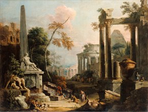 Landscape with Classical Ruins and Figures, about 1725-1730. Creators: Marco Ricci, Sebastiano Ricci.