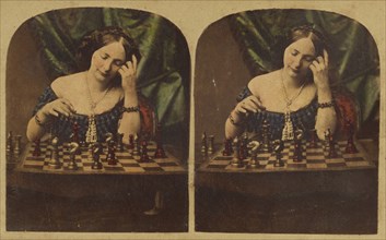 Woman playing chess by herself, about 1860. Creator: Ledot.