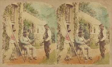 Man holding fishing pole seated, another man standing holding potted plant, dog..., 1857-1859. Creator: William Morris Grundy.