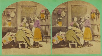 Mother seated with two daughters. From the Comic Group series., 1870s. Creator: Charles A. Beckford.