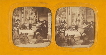 Street scene: woman selling apples, group of children nearby, one trying to steal..., 1860s. Creator: E Lamy.