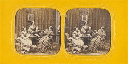 Genre parlor scene with four women, 1860s. Creator: E Lamy.