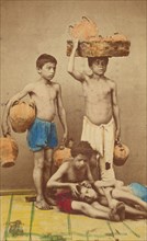 Four unidentified boys: two standing with clay pots, two seated with one being checked..., 1865-1870 Creator: Giorgio Conrad.