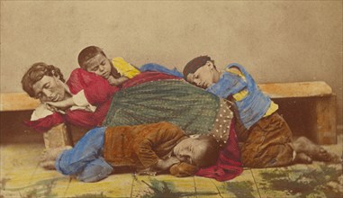 Gypsy mother and three children alseep on bench and ground, 1865-1870. Creator: Giorgio Conrad.