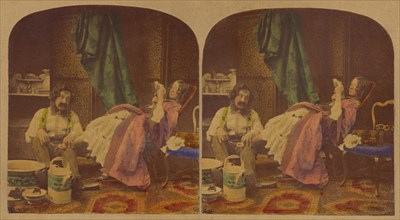 Genre scene: man with bushy moustache seated bathing feet of woman seated reading a book, about 1860 Creator: Joseph John Elliott.