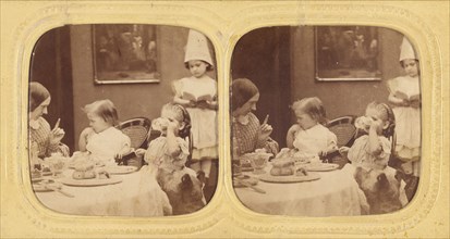 Children at table eating, mother scolding one of them, about 1860. Creator: Joseph John Elliott.