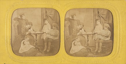 Genre scene: family in parlor, 1855-1865. Creator: Jules Marinier.