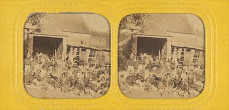 Group of firemen posed outside in front of station with wagon, 1855-1865. Creator: Jules Marinier.