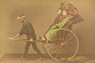 Jinrikisha Carrying Two Japanese Ladies, 1897. Creator: Ogawa Kazumasa.