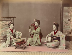 Girls Playing Samisen and Fluya, 1870s-1890s. Creator: Kusakabe Kimbei.