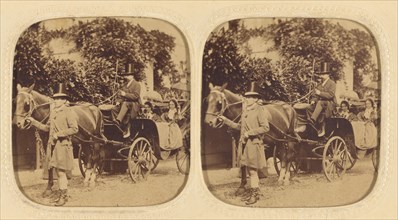 Two women in a horse-drawn carriage with two men drivers wearing top hats..., about 1858. Creator: LeBas.