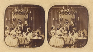 Parlor scene with a group of women and a little girl, 1855-1865. Creator: London Stereoscopic & Photographic Co.