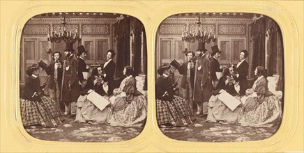 Parlor scene comprised of well-dressed people, about 1860. Creator: Unknown.