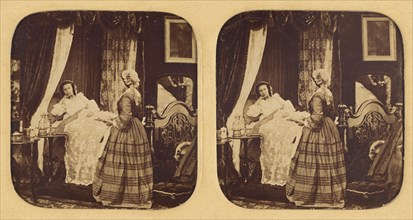 Genre scene: two women in a bedroom, one in bed, 1855-1860. Creator: Unknown.