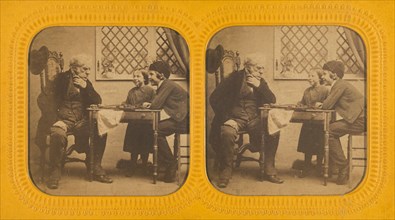 Elderly man playing checkers with two children, 1855-1860. Creator: Unknown.