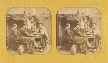 Three men and a woman seated at a table drinking, 1855-1860. Creator: Unknown.