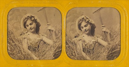 Little girl in field of hay holding a rake, 1855-1860. Creator: Unknown.