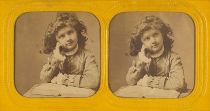 Little girl seated with hand on cheek, open book in front of her, 1855-1860. Creator: Unknown.