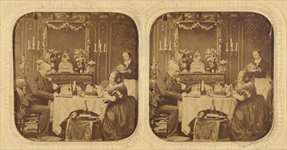 Elder man and woman at table eating, servant in background, 1855-1860. Creator: Unknown.