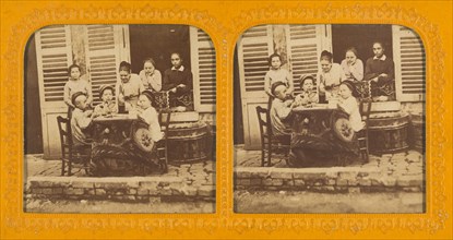 Three children playing at being grown-up; women watching, 1855-1860. Creator: Unknown.