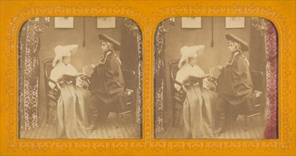 Young girl dressed as a nun with young boy wearing a cloak and three-corner hat, 1855-1860. Creator: Unknown.