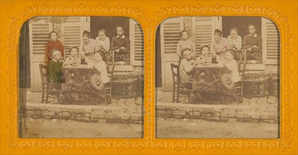 Three children playing at being grown-up; women watching, 1855-1860. Creator: Unknown.