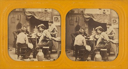 Men and boys at a table, one man holding a gun, 1855-1860. Creator: Unknown.