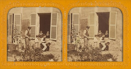 Three children playing leap frog, man behind them, two children observing from an open...1855-1860. Creator: Unknown.