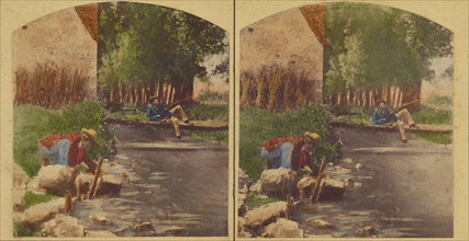 Men at stream fishing, about 1860. Creator: Unknown.