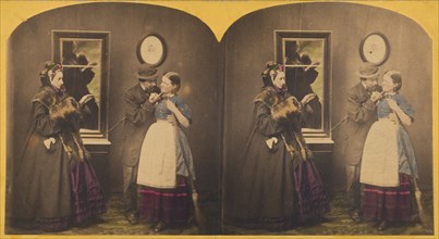 Genre: man touching woman under the chin, another woman observing, about 1860. Creator: Unknown.