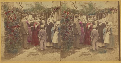 Group of people playing a game in the garden, one woman is blindfolded, about 1865. Creator: Unknown.