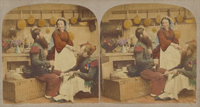 Two bearded men in a kitchen, with a woman who is probably the cook, about 1860. Creator: Unknown.