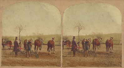 Two men in field with an agricultural machine hooked up to a team of horses, about 1865. Creator: Unknown.