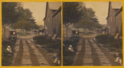 Country road with barn, dogs and cats about, about 1865. Creator: Unknown.