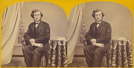 Unidentified man with muttonchops seated, holding a rolled paper, about 1860. Creator: Unknown.