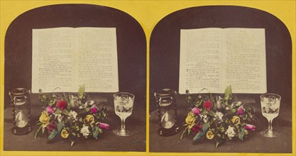 Still life of flower arrangement, hourglass, goblet and Bible opened to Psalms Xix and XX,about 1865 Creator: Unknown.