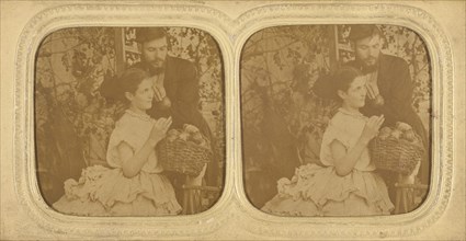 Unidentified couple: bearded man holding a single piece of fruit with a woman holding..., about 1865 Creator: Unknown.