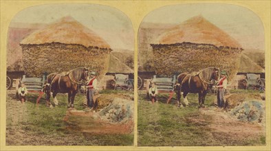 Farmer holding horse, large haystack in background, about 1860. Creator: Unknown.