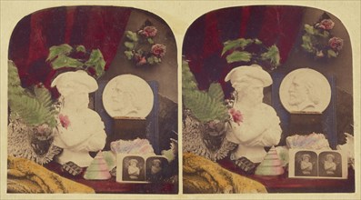 Still life of a bust, stereograph, flowers, and a medallion of Giuseppe (?), about 1860. Creator: Unknown.