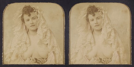 Woman wearing a lace mantilla with breasts exposed, 1855-1860. Creator: Unknown.