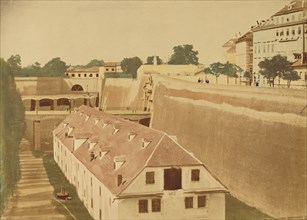 View from the Waterworks to the Powder Magazine and the bridges of the Old and New..., 1858. Creator: Unknown.