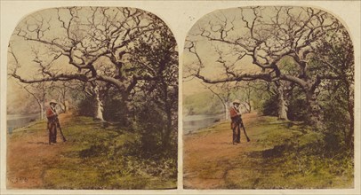 Man in hunting outfit with hat standing, holding shotgun, 1857-1859. Creator: William Morris Grundy.