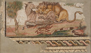 Mosaic of a Lion Attacking an Onager, A.D. 150-200. Creator: Unknown.