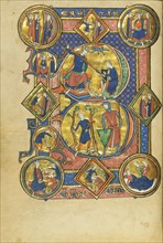 Initial B: David Playing the Harp and David and Goliath; Wenceslaus Psalter, about 1250-1260. Creator: Unknown.